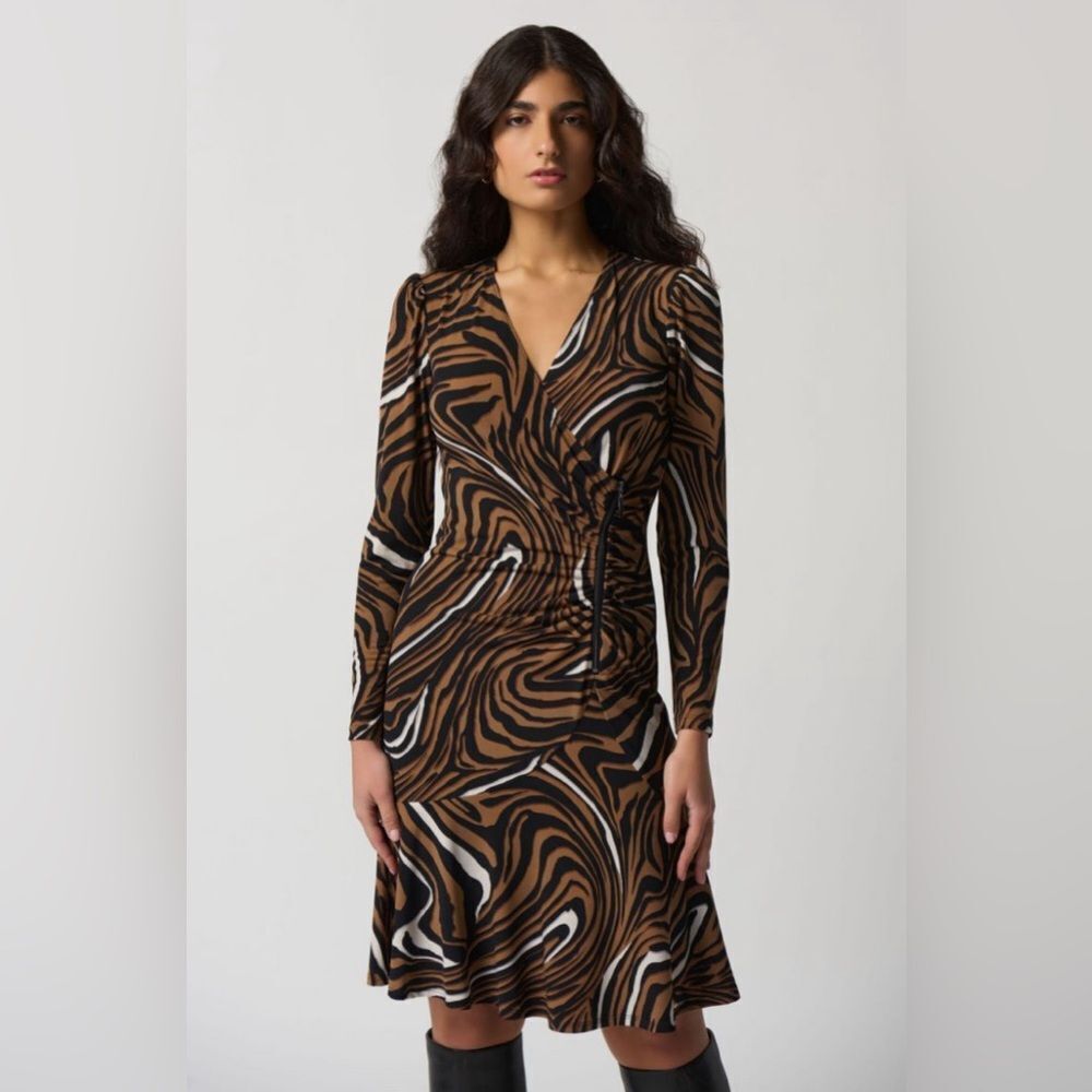 New Joseph Ribkoff Black/Multi Ruched Wrap Dress